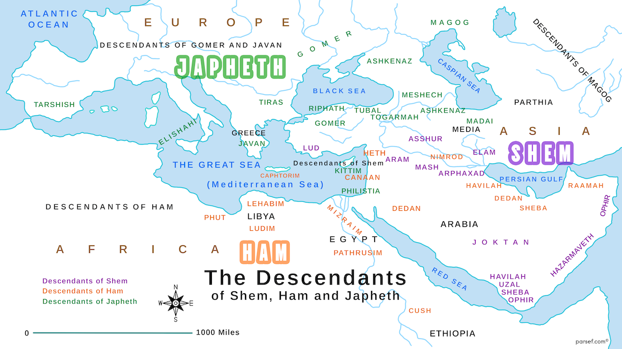 The Descendants Of Shem Ham And Japheth Map Bible History Maps