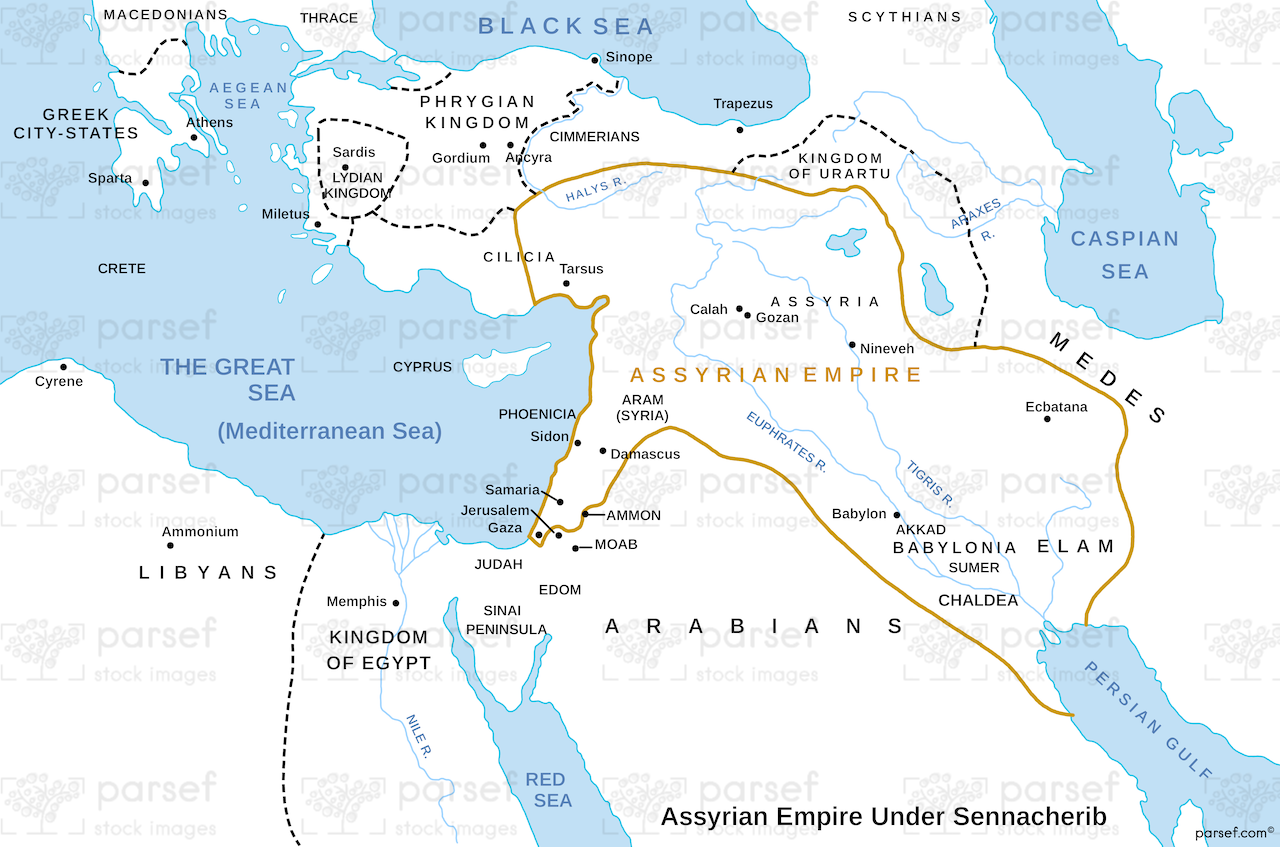 II Kings Assyrian Empire Under Sennacherib Map | Bible History Maps